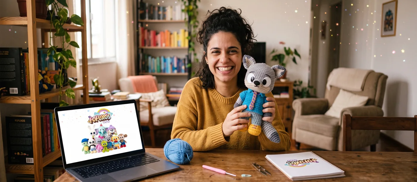 A mesma artesã sorrindo, segurando o bichinho que ela terminou