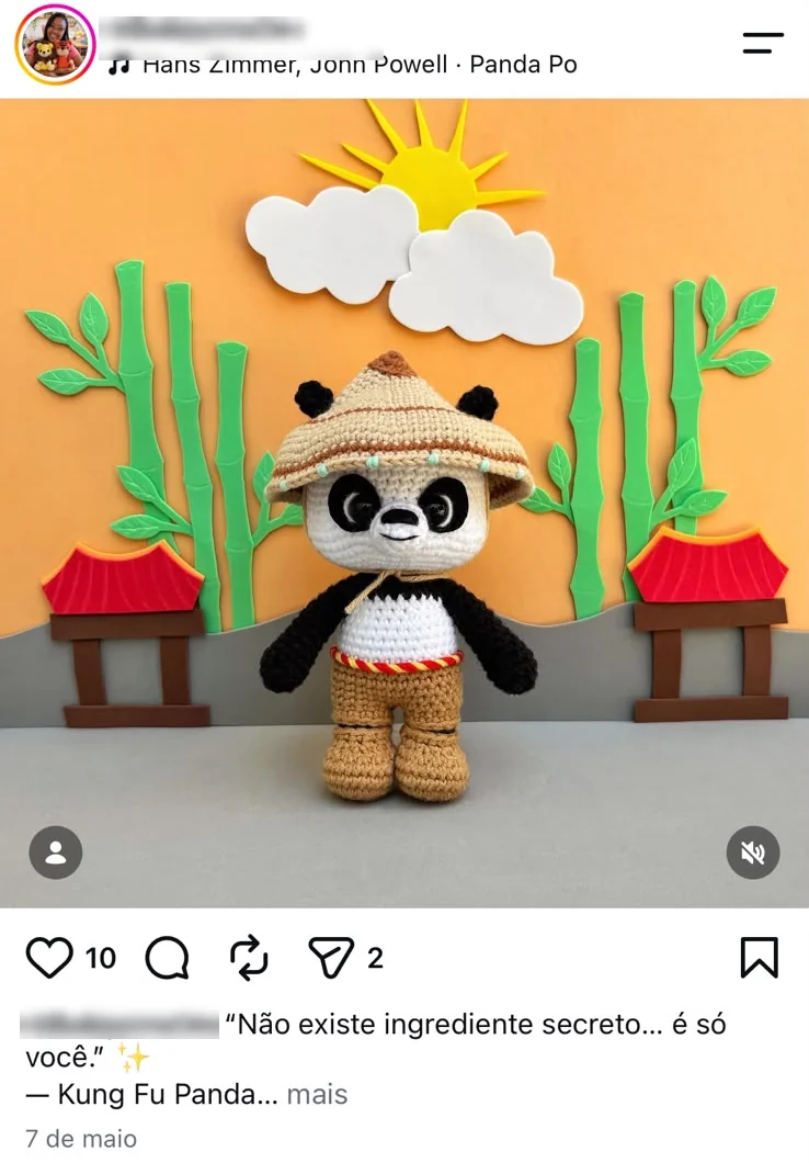 Post de uma aluna mostrando o panda que ela fez