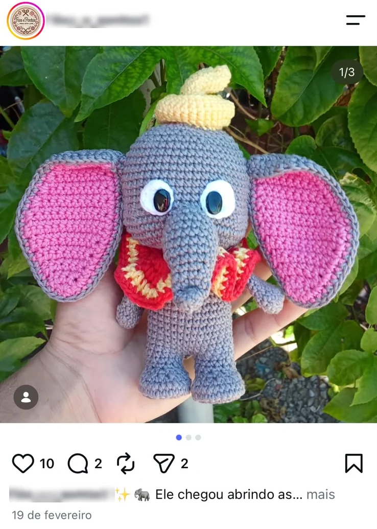 Post de uma aluna mostrando o elefantinho que ela fez