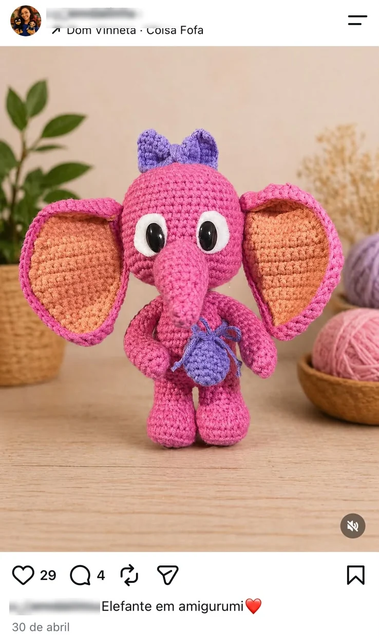 Post de uma aluna mostrando o elefante rosa que ela fez