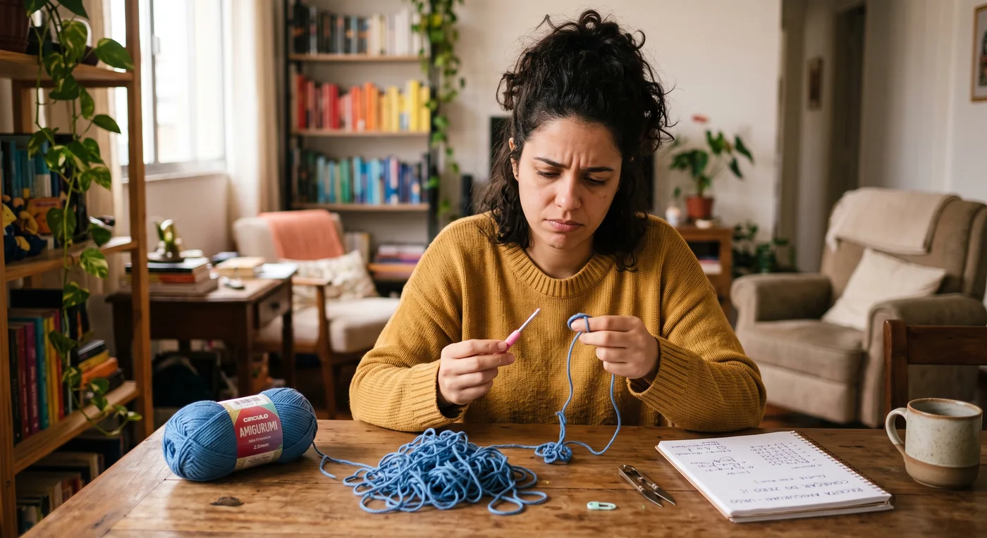 Uma artesã olhando o fio embolado, sem saber como continuar a peça